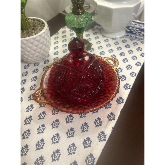 Vintage Art Glass Carved Cheese Or Candy Dish Serving Ruby Red - Picture 2 of 7